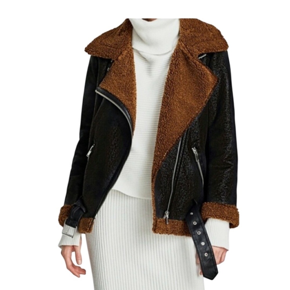Zara Woman Faux Leather Shearling Aviator Biker Jacket Black Brown XS